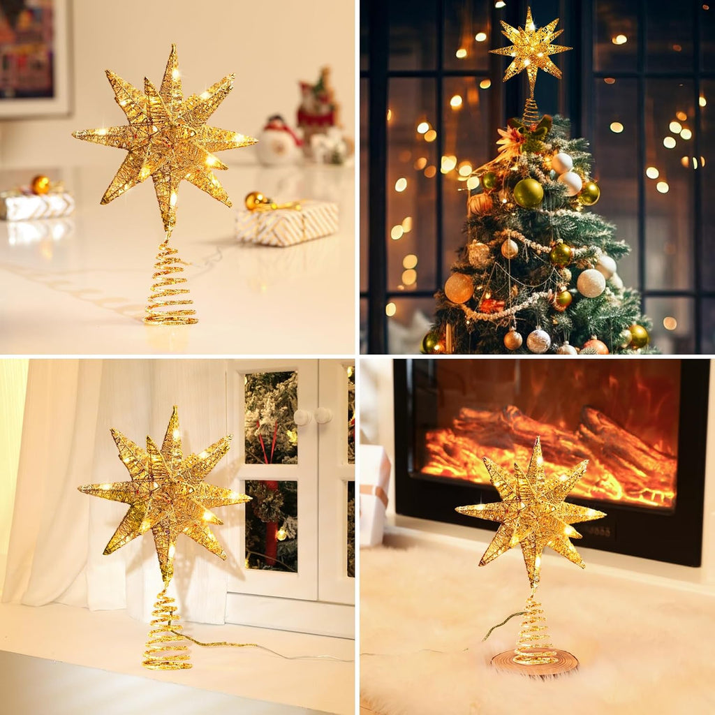Lewondr Christmas Tree Topper, Plug in 3D Starburst Xmas Lighted Star Tree Topper, Remote Control & Timer Light Up Vintage Moravian Tree Topper for Christmas Decoraiton, Warm Light, Gold