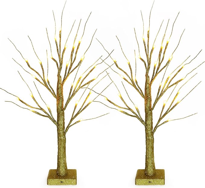 Sunnyglade 2PCS 2Ft 24 LED Birch Tree Light Fairy Tree Bonsai Tree Light Warm White for Home Wedding Festival Party Christmas Decoration (Golden)