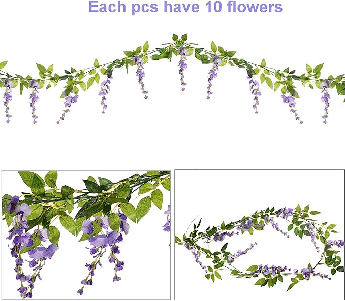 DearHouse 4Pcs 6.6Ft/Piece Artificial Flowers Silk Wisteria Garland Artificial Wisteria Vine Rattan Silk Hanging Flower for Home Garden Outdoor Ceremony Wedding Arch Floral Decor(Light Purple)