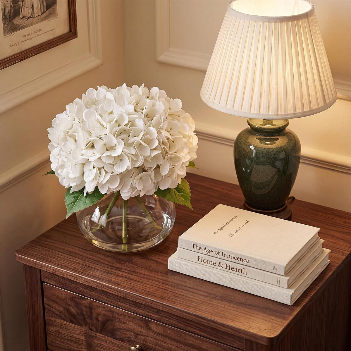 real touch artificial hydrangea in vase,premium faux flowers, side view