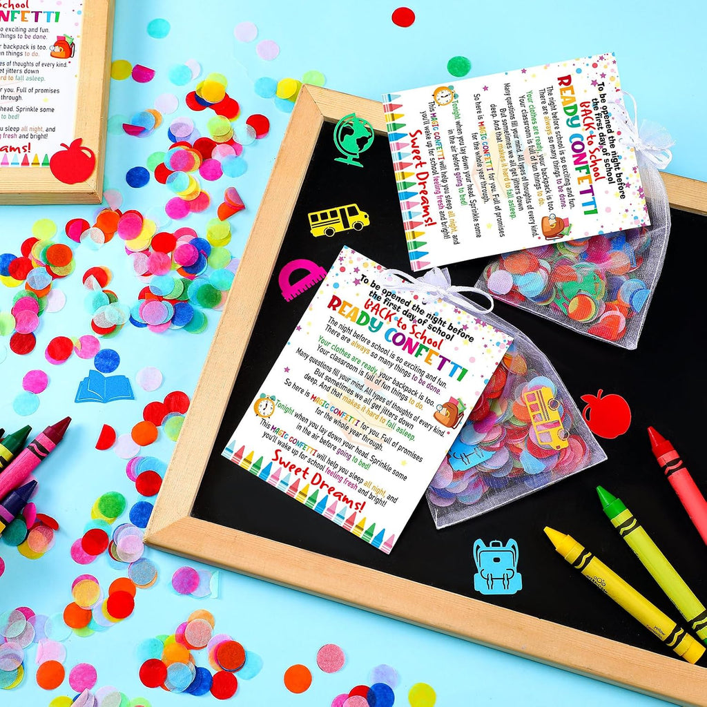 AmazingSpark 24 Sets Ready Confetti Back to School Supplies Magic Jitter Glitter with Poem Cards Organza Bags First Day of School Confetti Anxiety Relief Favor Gifts for Teachers(Classic)