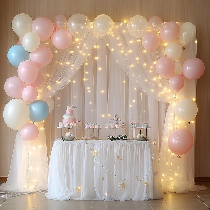 Tulle Backdrop Curtain with Lights String 30 X 8FT White Sheer Tulle Backdrop Curtains for Wedding Birthday Party Reception Photo Booth Background Decorations (6 Panels 5x8FT)