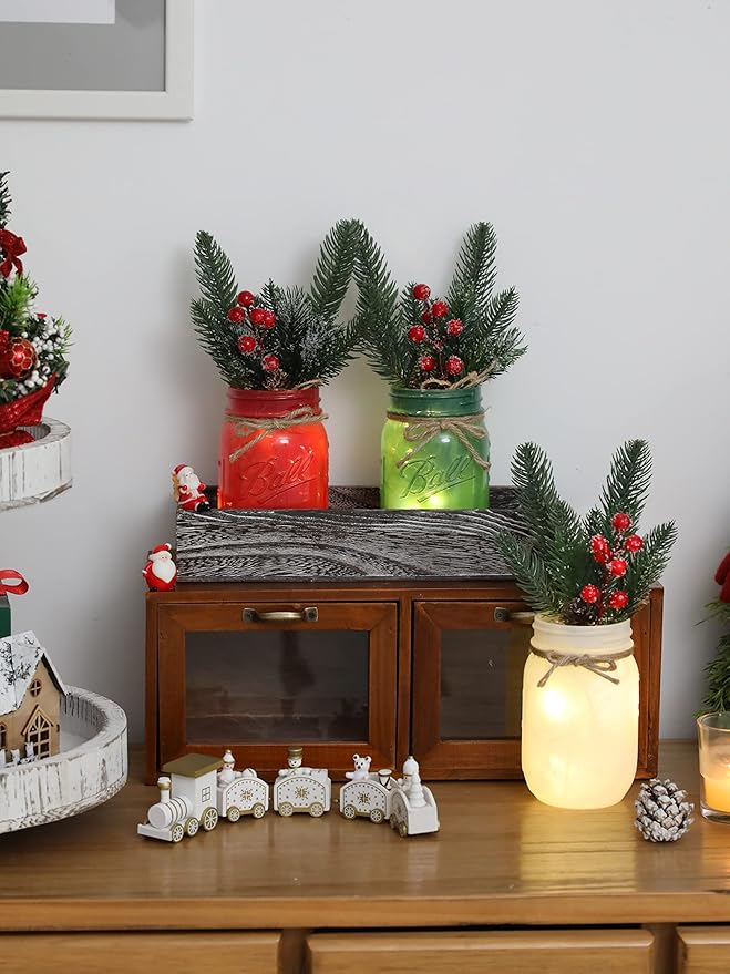 Christmas Mason Jars, Christmas Centerpiece Table Settings, Wood Tray with 3 Painted Jars, Dining Coffee Table Centerpiece, For Kitchen, Living Room, Colorful Mason Jar Decor with Flowers