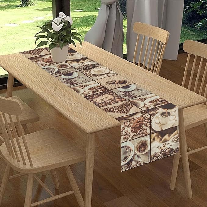 Coffee Theme Table Runner, Rustic Farmhouse Coffee Cup Latte Cappuccino Tea Party Cafe Table Center Decor for Home Kitchen Dining Patio Holiday Party Indoor Outdoor Table Decorations, 13"x36" Inch