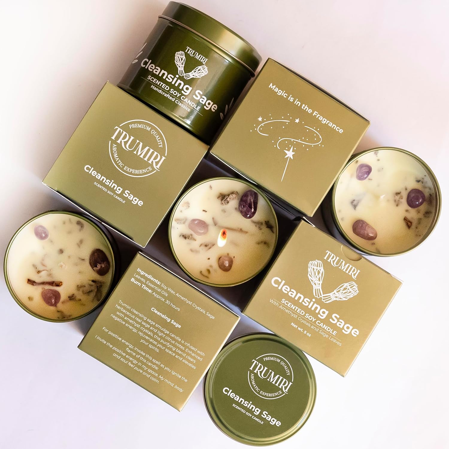 Sage Candle for Cleansing House Negative Energy Smudge Kit - 5oz Soy Wax Natural Clean Organic Non Toxic - Aromatherapy Spiritual Meditation Gifts - Long Lasting Highly Scented Candel with Crystals