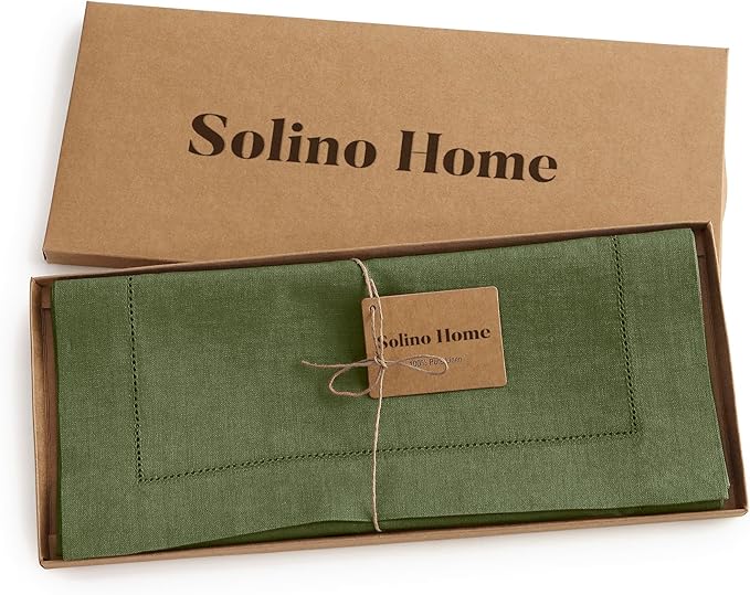 Solino Home Olive Linen Table Runner 156 Inches Long - 100% Pure Linen Classic Hemstitch Table Runner 14 x 156 Inch for Wedding, Parties, Fall, Autumn, Thanksgiving