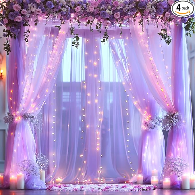 Lavender Tulle Backdrop Curtain with Lights String for Wedding Baby Shower 20×10ft Lavender Sheer Backdrop Curtain for Bridal Shower Birthday Party Photoshoot Background Decorations(4 Panels 5×10ft)