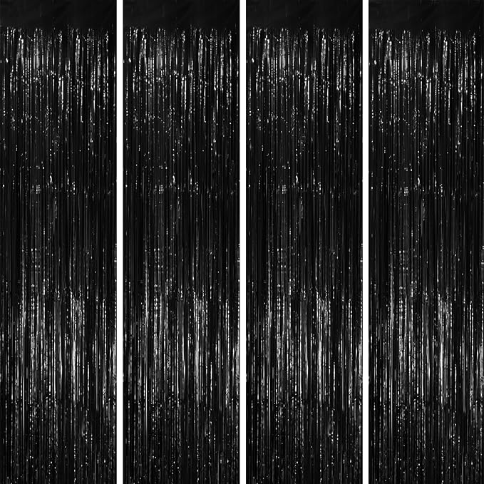 4 Pack Black Foil Fringe Backdrop Curtains, Tinsel Streamers Birthday Party Decorations, Fringe Backdrop for Graduation, Baby Shower, Gender Reveal, Disco Party