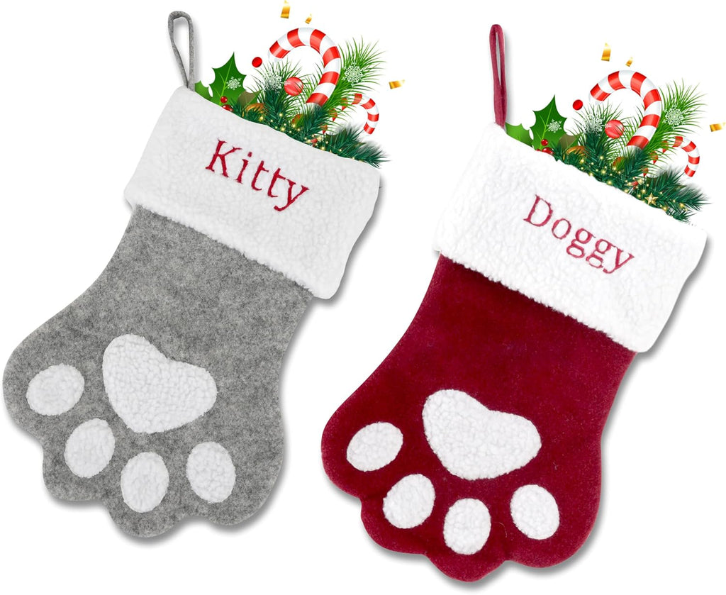 Custom Pet Christmas Stocking: Large Personalized Embroidered Name Stocking for Dogs Cats Pets, Paw Shape Xmas Stocking Fireplace Hanging Stockings Family Holiday Stockings (1 pcs)
