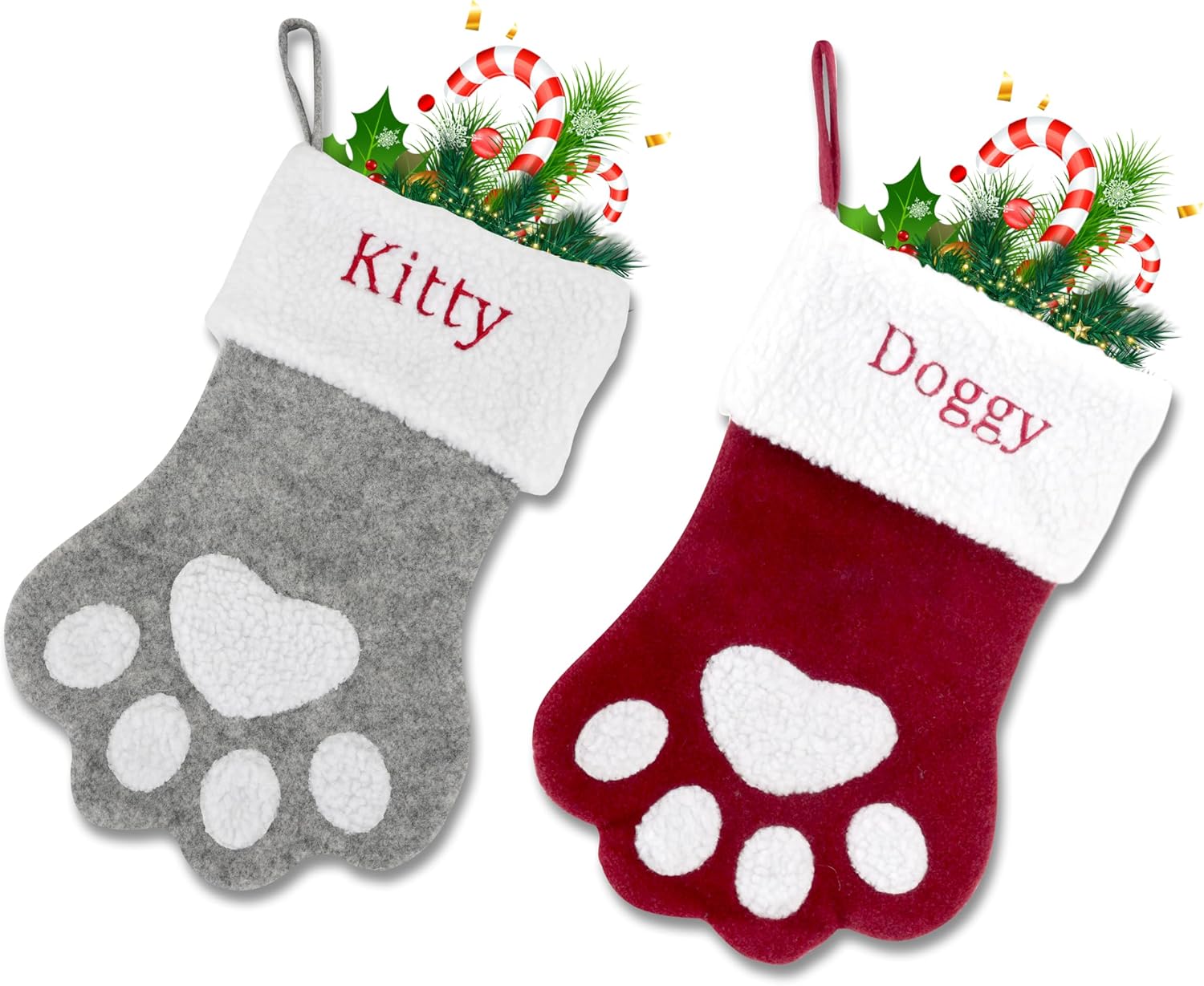 Custom Pet Christmas Stocking: Large Personalized Embroidered Name Stocking for Dogs Cats Pets, Paw Shape Xmas Stocking Fireplace Hanging Stockings Family Holiday Stockings (1 pcs)