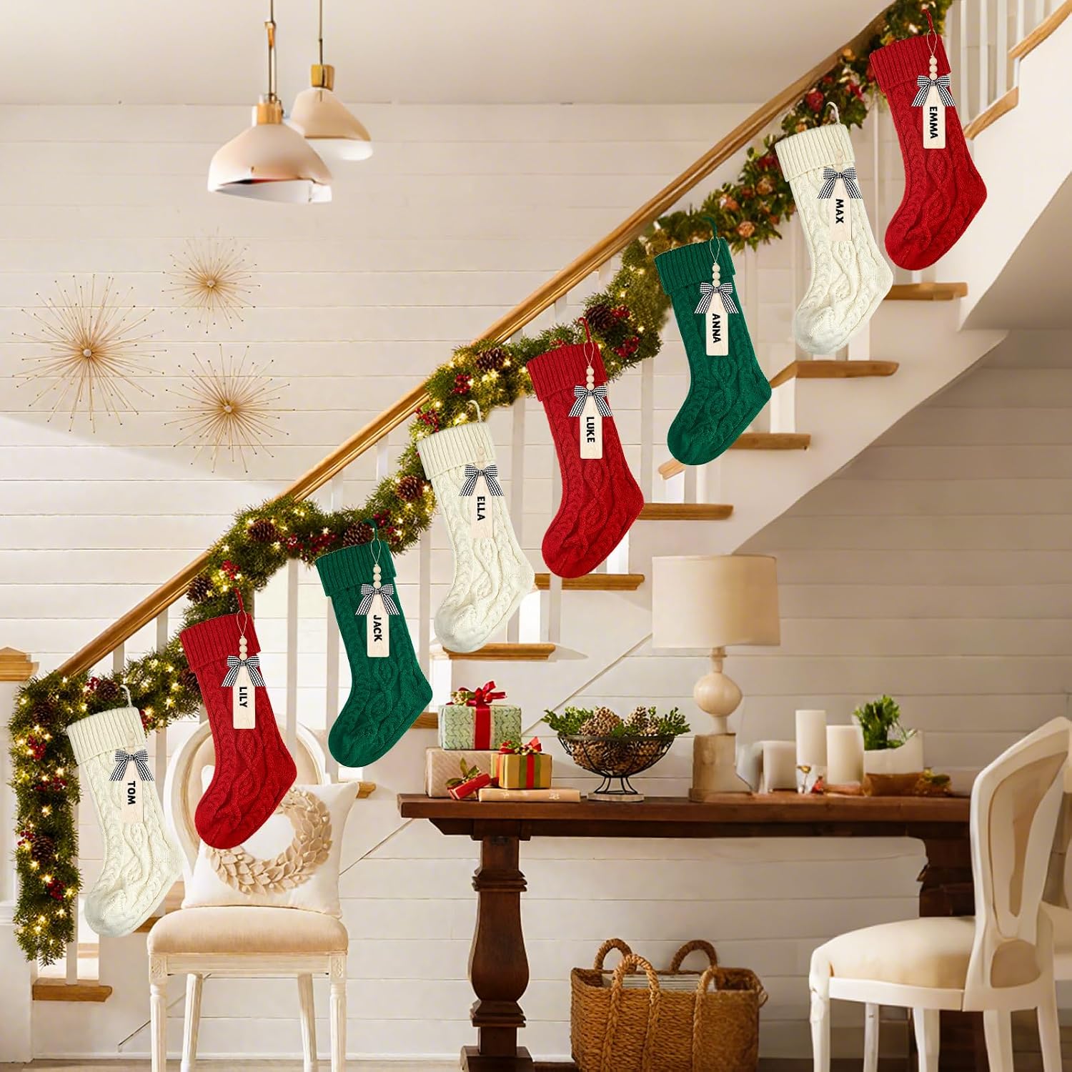 18 Inches Personalized Christmas Stockings: 4 Pack Ivory Red Green Khaki Knit Christmas Stockings Set with Name Tags Christmas Decor Neutral Xmas Decorations Holiday Farmhouse Indoor Home Decor