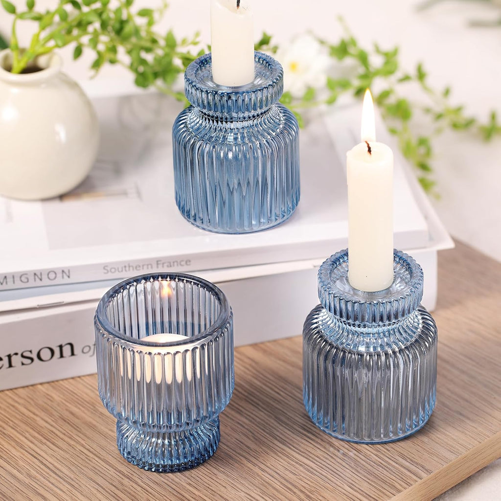 DARJEN 6 Pcs Blue Glass Candlestick Holders with Vertical Stripes - Irregular Shaped, Dual-Use for Taper Candles & Votive/Tea Lights, Candle Holders for Dining Table, Wedding, Party, Home, Gifts