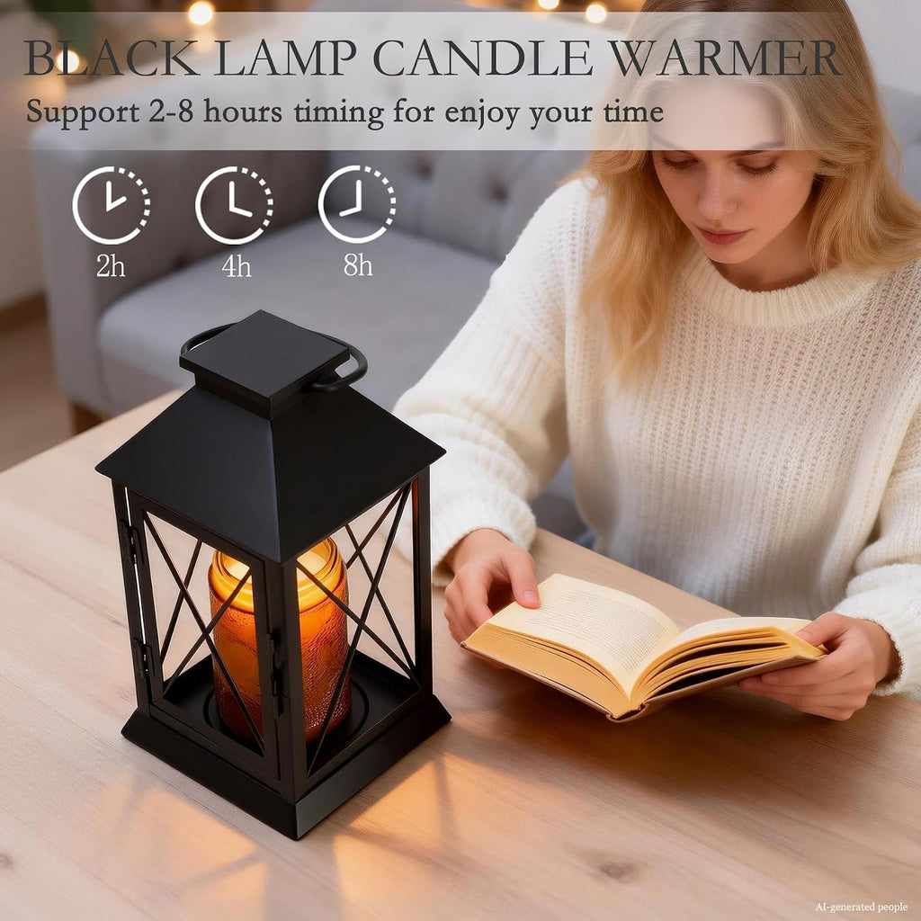 Candle Warmer Lamp with Timer Dimmable,Compatible with 3 Wick Candle/Large Candle,Vintage Lamp Candle Warmer Lantern Farmhouse Style,Fully Enclosed Designed and Hanging Up-Black