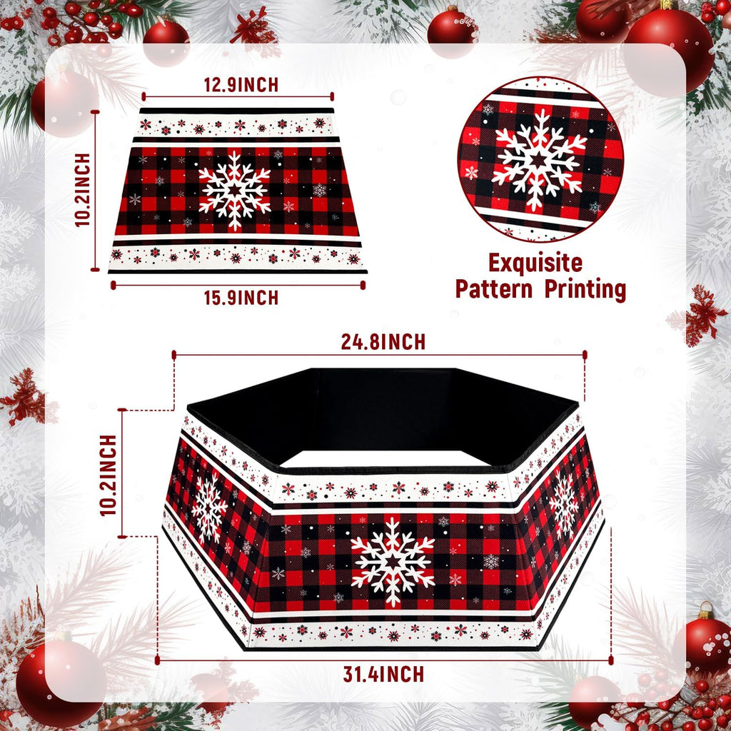 Christmas Tree Collar, Red Christmas Tree Collar, Buffalo Plaid Christmas Trees Skirt, Square Christmas Trees Ring, Foldable Hexagon Xmas Tree Skirt, Snowflake Decor for Holiday Party Home, 31 inch