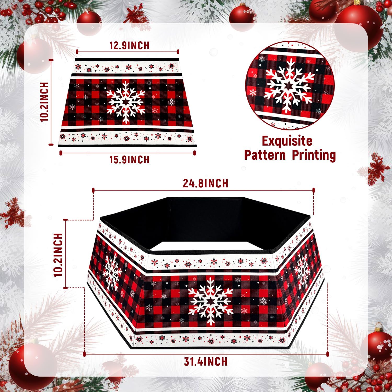 Christmas Tree Collar, Red Christmas Tree Collar, Buffalo Plaid Christmas Trees Skirt, Square Christmas Trees Ring, Foldable Hexagon Xmas Tree Skirt, Snowflake Decor for Holiday Party Home, 31 inch