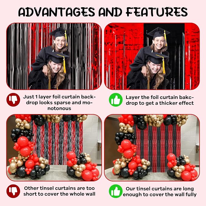 4 Pack 3.3x8.2 Feet Red and Black Foil Fringe Backdrop Curtains, Tinsel Streamers Birthday Party Decorations, Fringe Backdrop for Graduation, Baby Shower, Gender Reveal, Disco Party