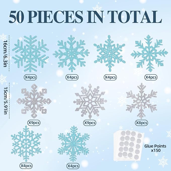 Winter Snowflake Cutouts - Glitter Paper Snowflake Decorations - 50Pcs Blue & Silver Double-Side Christmas Cutouts for Holiday Winter Wonderland Bulletin Board, Frozen Party Decor