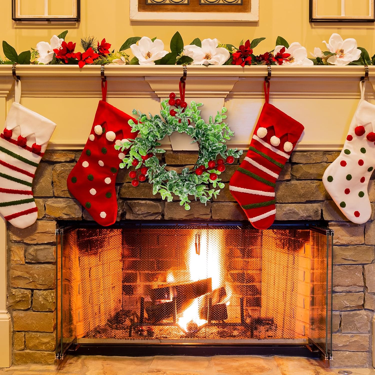 4 Pcs Christmas Candle Rings Wreath Red Berries with Eucalyptus Leaves 3.15inch, Snowy Small Wreath Candle Ring Holder for Pillars, Christmas Home Kitchen Cabinet Table Centerpieces Decor