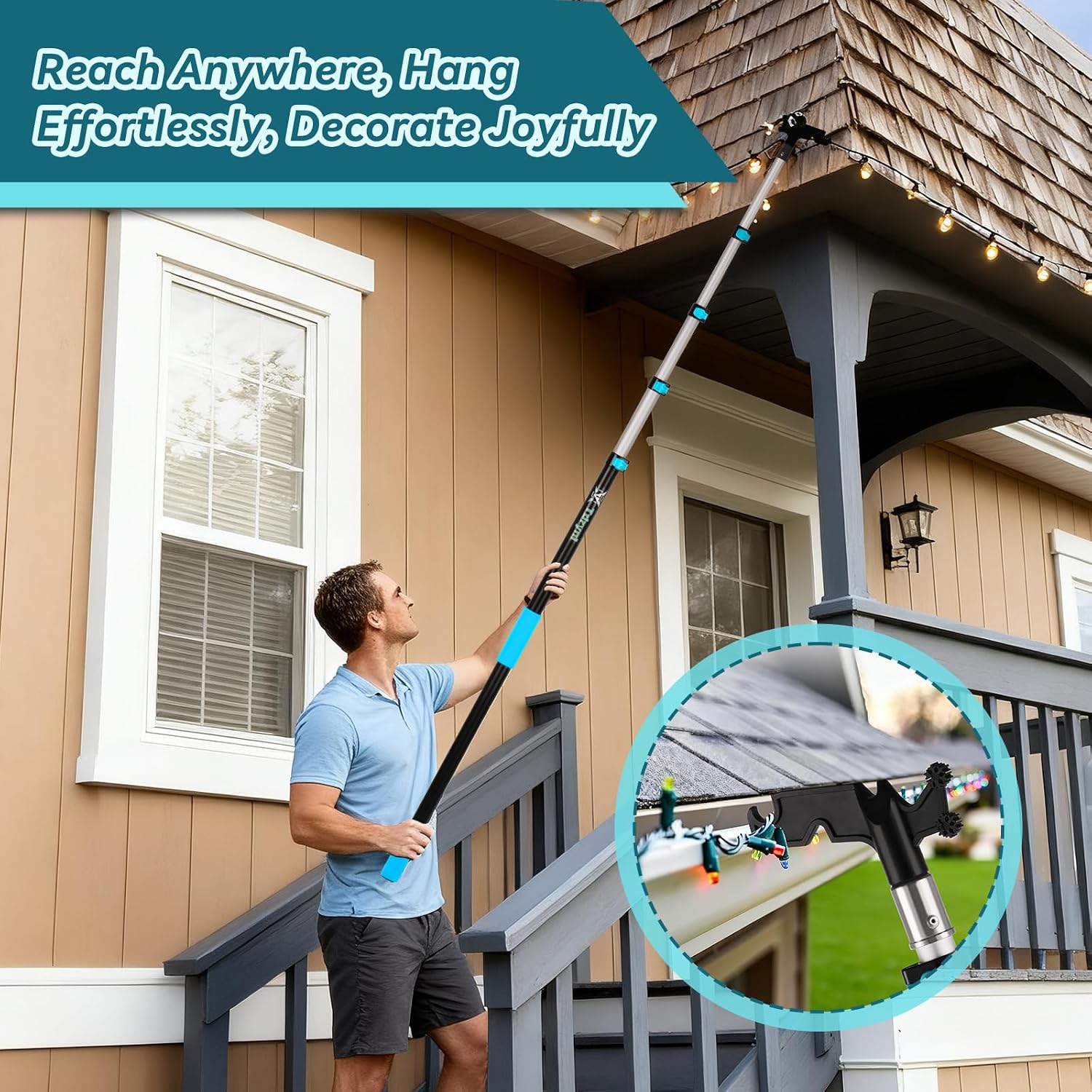 4.3–18 FT 5-Stage Telescopic Christmas Light Pole with Hook | Lightweight & Sturdy Extension Pole for Hanging String Lights, Holiday Lights, Birdfeeders | Ladderless High Reach Installation Tool
