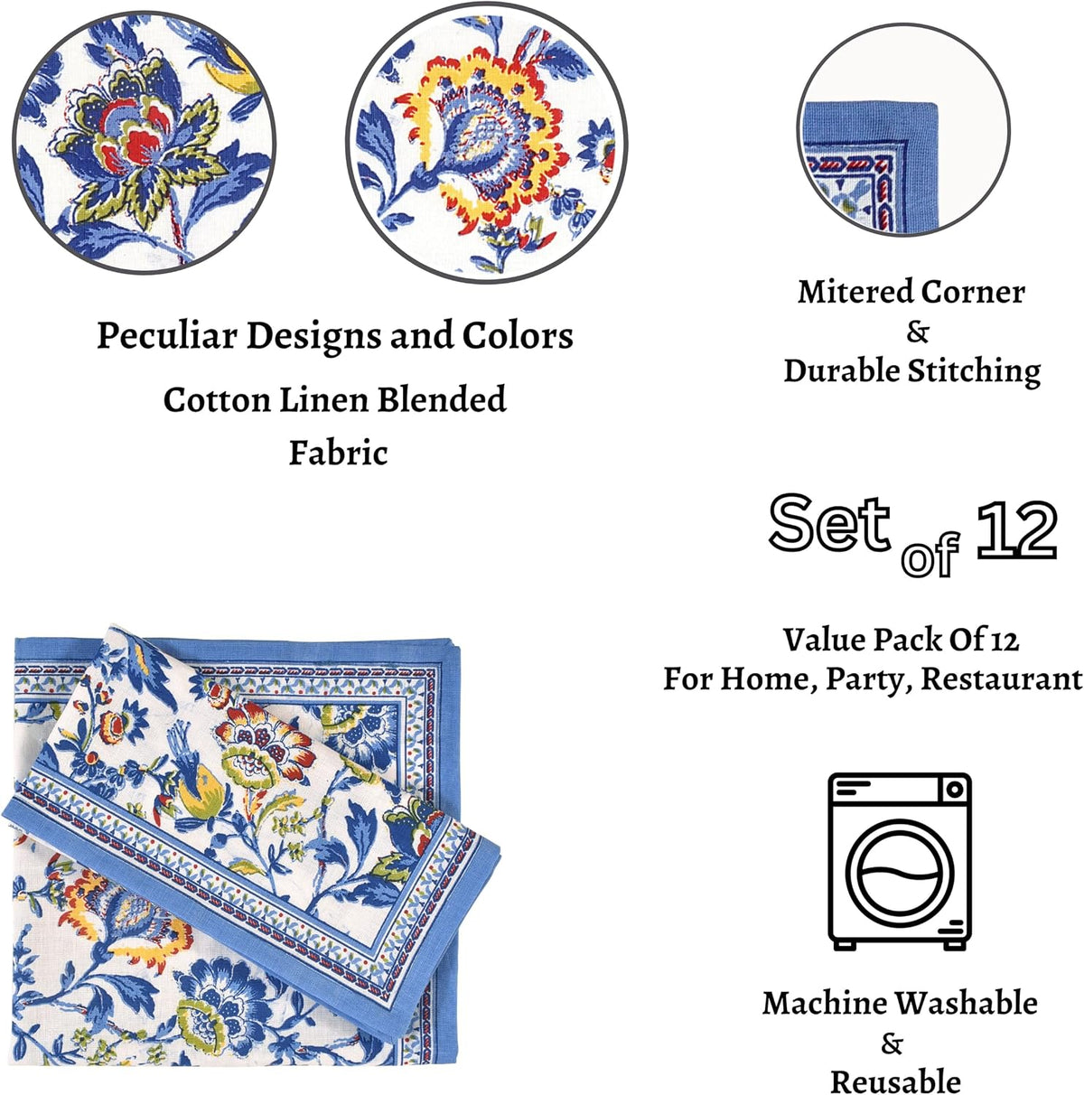 FINGERCRAFT Cloth Napkins Set of 12 Cotton Linen, 20x20 Inch, Blue Floral