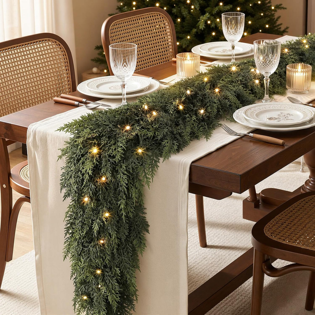 9ft pre-lit cedar christmas garland with lights, real, close-up detail