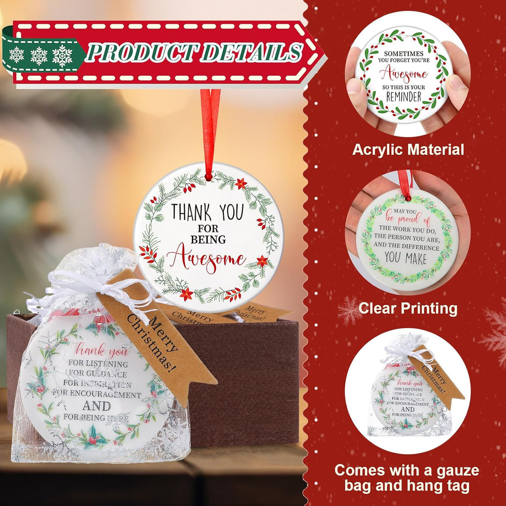 Barydat 36 Set Ceramic Christmas Appreciation Gifts for Coworkers, Thank You Ceramic Ornaments Xmas Tree Hanging Ornaments with Tags and Bag for Coworker Office Friendship Xmas Tree Decor (Wreath)