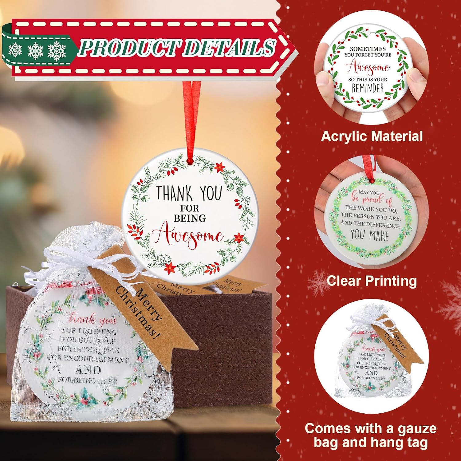 Barydat 36 Set Ceramic Christmas Appreciation Gifts for Coworkers, Thank You Ceramic Ornaments Xmas Tree Hanging Ornaments with Tags and Bag for Coworker Office Friendship Xmas Tree Decor (Wreath)