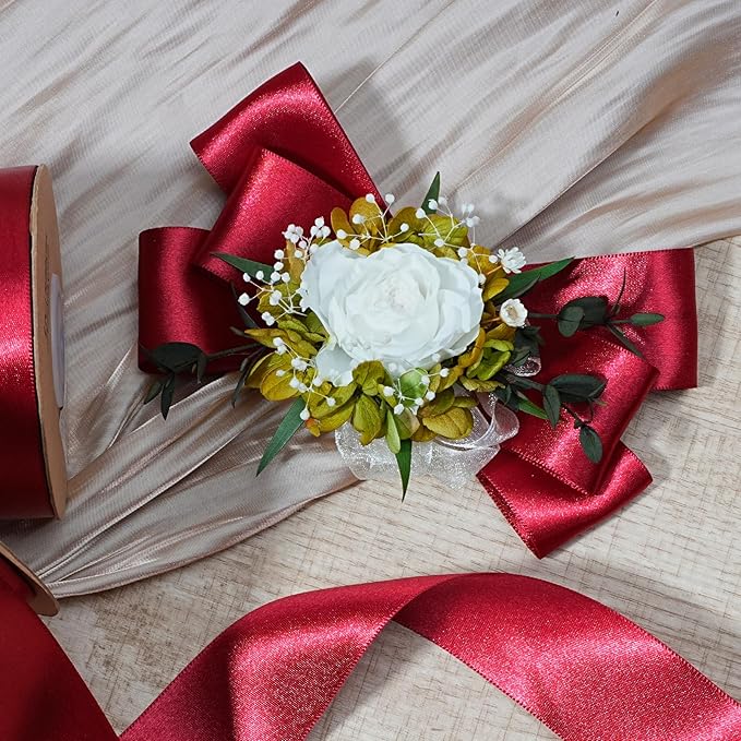 LaRibbons Burgundy Satin Ribbon 1 Inch 25 Yards Luxury Double Faced Dark Red Silk Ribbon for Flower Bouquet Crafts Gift Wrapping Wedding Party Christmas Decoration