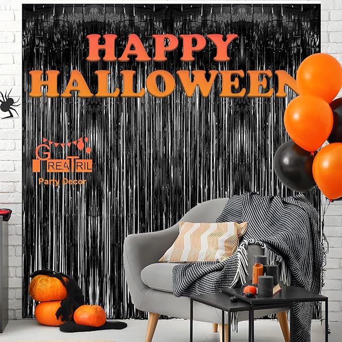 Black Tinsel Backdrop Curtain - GREATRIL Tinsel Curtain Party Backdrop Streamers for Wizard Birthdays/Stranger Theme/Doorway/Halloween Decorations Party - 2 Packs