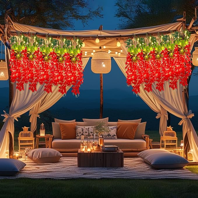 12 Pack Red Wisteria Hanging Flowers Garland with Lights, 3.44 Feet Artificial Flower Vines, Fake Wisteria, Artificial Vines Hanging Garland for Backdrop Outdoor Patio Garden Decor