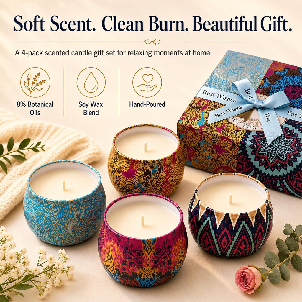 Scented Candles Gift Set for Women, 4 Pack Soy Wax Candles in Classic Bohemian Tins, Aromatherapy Candle Set, Birthday Gifts for Mom, Thank You Gifts