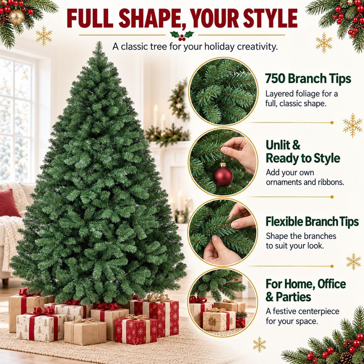 6ft artificial christmas tree, realistic full unlit holiday showing dimensions