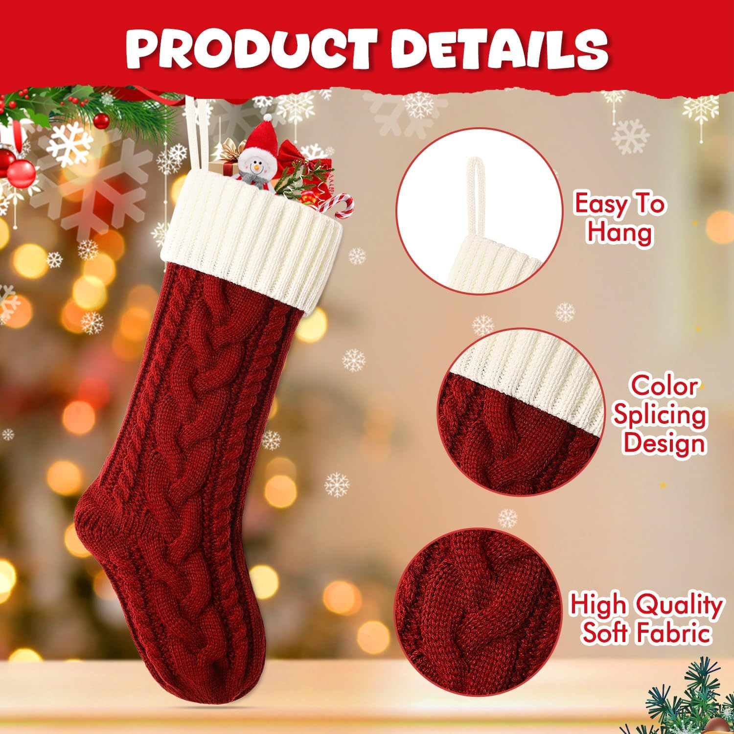 Christmas Stockings 18 Inches Classic Cable Knitted Set Large Classic Fireplace Hanging Stockings for Kids,Family Stocking Holiday Party Xmas Decoration（Red White,4Pack）