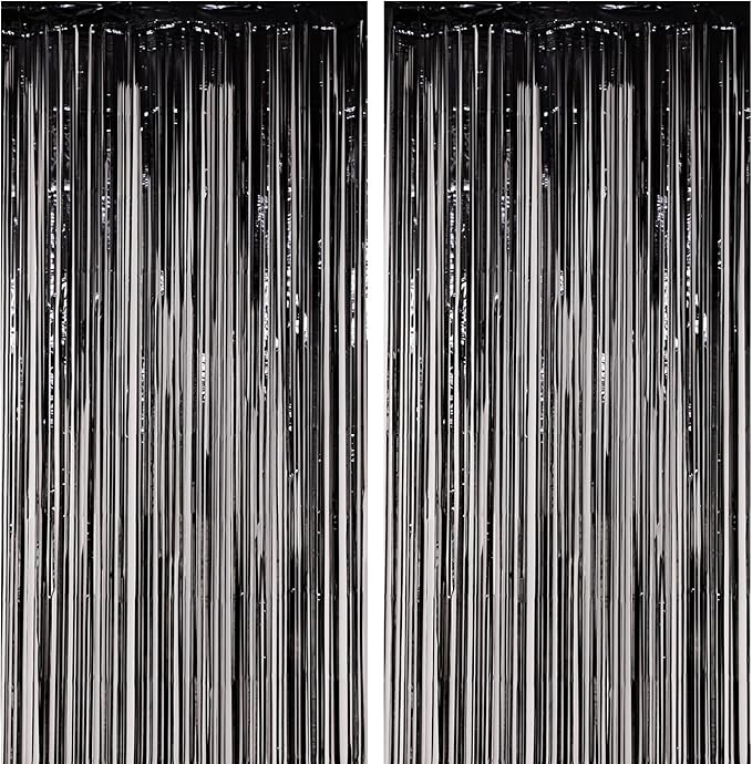 2 Pack Black Foil Fringe Backdrop Curtains, Tinsel Streamers Birthday Party Decorations, Fringe Backdrop for Graduation, Baby Shower, Gender Reveal, Disco Party