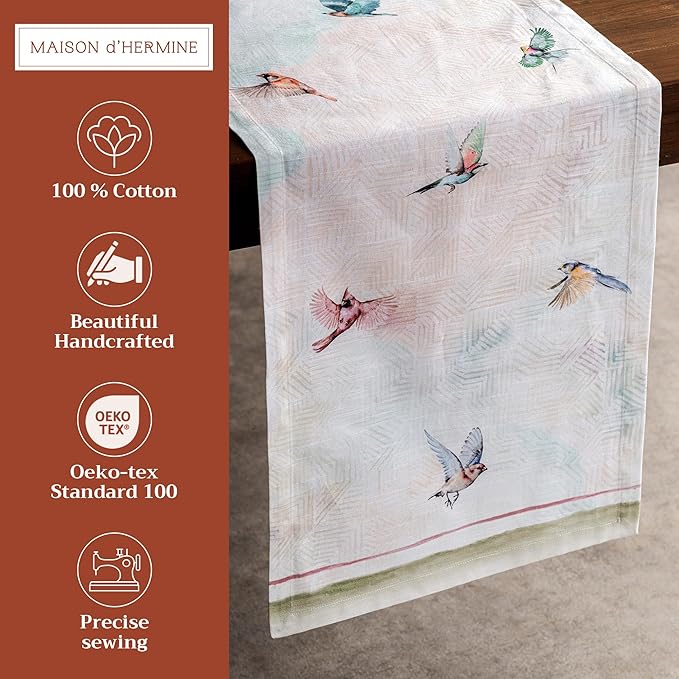 Maison d' Hermine Table Runner 100% Cotton Single Layer Table Runners 108 inches Long Decorative for Home Kitchen Dining Party Wedding Bridal Shower Spring Summer (Flying Birds, 14.50" x 108")