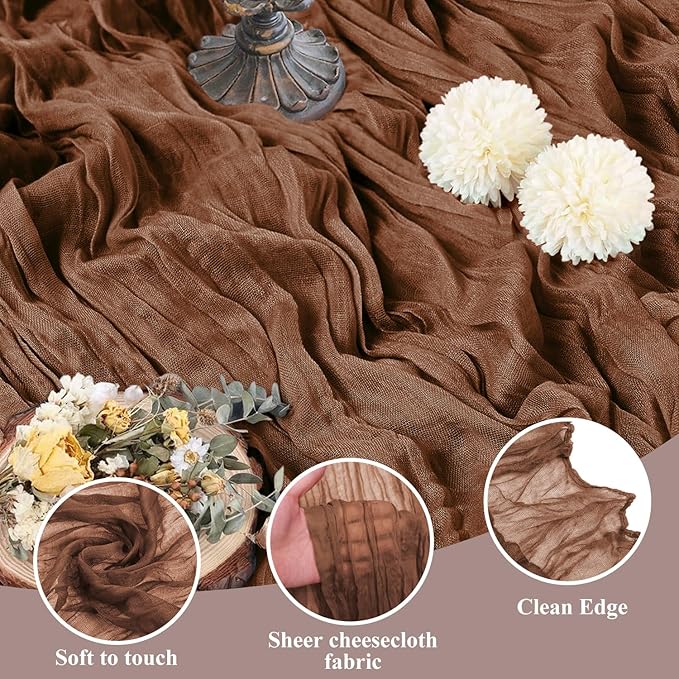 Asee'm 3pcs Cheesecloth Table Runner 120 Inches Long Brown Boho Gauze Cheese Cloth Runner 10FT Rustic Sheer Fall Table Runners for Thanksgiving Christmas Wedding Party Baby Shower Decoration