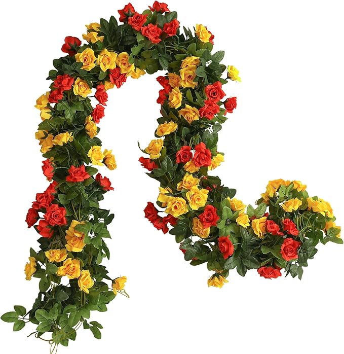 Floweroyal 6 Pack Artificial Flower Garlands 15.8FT Fake Rose Vines Silk Flowers Hanging Rose Ivy for Wedding Arch Party Home Garden Wall Decor (Orange Yellow)
