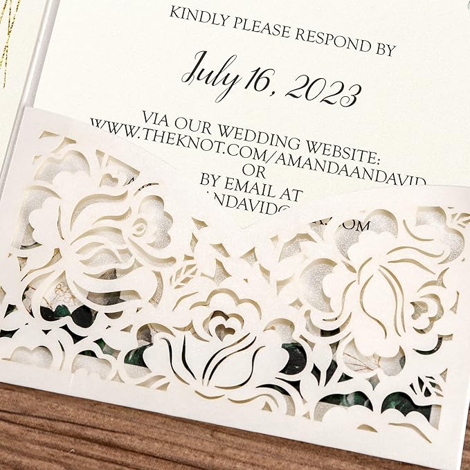 DORIS HOME 50pcs Laser Cut Wedding Invitations with Envelopes and RSVP Cards Green and Ivory White, 4.7x7.1 Personalized Invitation Cards for Wedding, Anniversary Invitations with Envelopes
