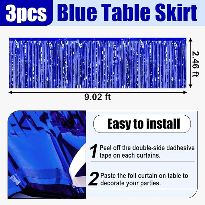 3 Pack 29x108 Inch Blue Foil Fringe Table Skirts Metallic Banner for Tinsel Streamer Garland Backdrop for Parade Floats Wedding Thanksgiving Birthday Christmas Halloween Party Decoration
