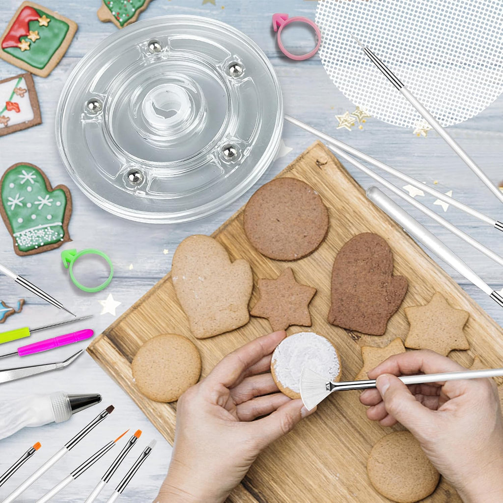 112 PCS Cookie Decorating Kit Supplies Including Acrylic Turntable Brushes Scribe Needle Bags Icing Bottle for Cookie Cupcake Cake Decoration