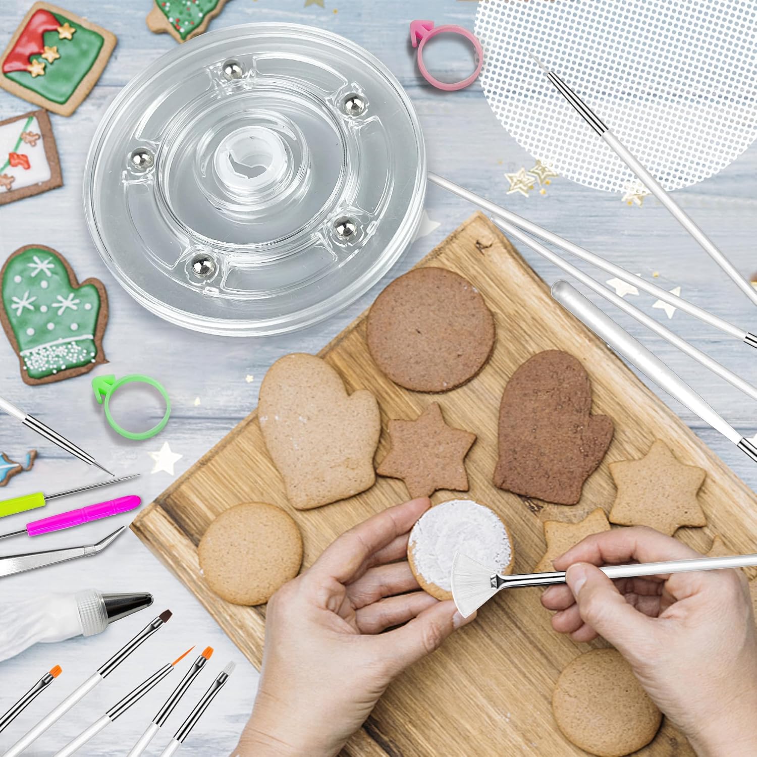 112 PCS Cookie Decorating Kit Supplies Including Acrylic Turntable Brushes Scribe Needle Bags Icing Bottle for Cookie Cupcake Cake Decoration