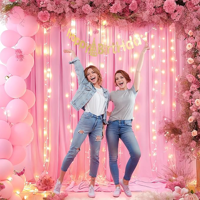 Pink Backdrop Curtains with Lights for Parties,10x10FT Wrinkle Free Polyester Wedding Photo Backdrop Curtains for Baby Shower Birthday Ceremony Reception Home Party Decorations-5ft x 10ft,2 Panels