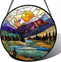 Stained Glass Window Hanging, Blue Lake Golden Sun Abstract Mountains Landscape Suncatcher for Doors Window Home Sun Catchers Decor Mother's Day Birthday Gifts for Women Men Mom 11.8 in