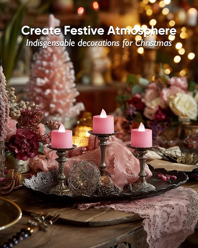 Amagic 24 Pack Pink LED Tea Lights, Flameless Votive Candles, Electric Fake Colored Candles, Battery Operated Tealights Candles for Party, Christmas, Aniversary, Wedding Table Centerpiece, Proposal