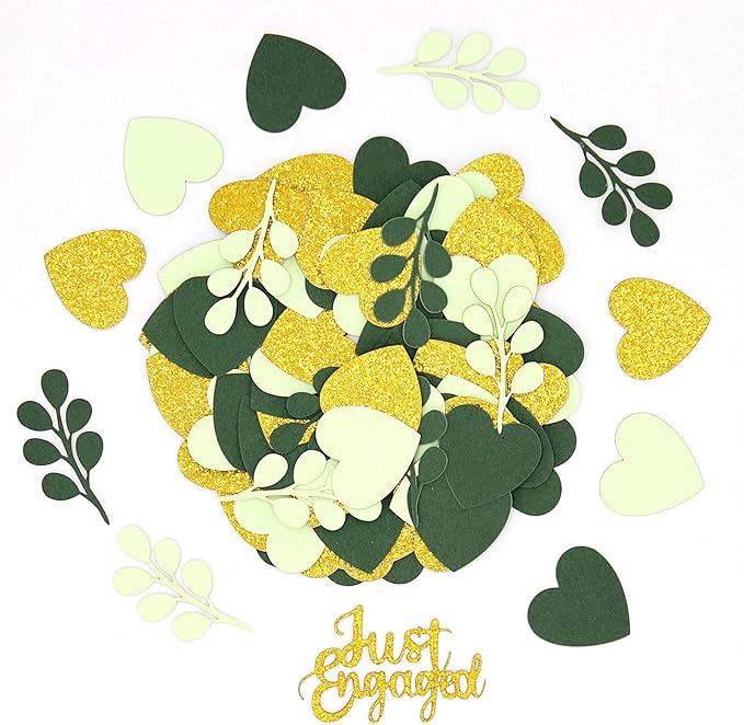 200PC Greenery Engagement Party Decorations Sage Green and Gold Heart Engagement Confetti Just Engaged Table Scatters for Nature Wedding Bridal Shower Bachelorette Party Decor Supplies