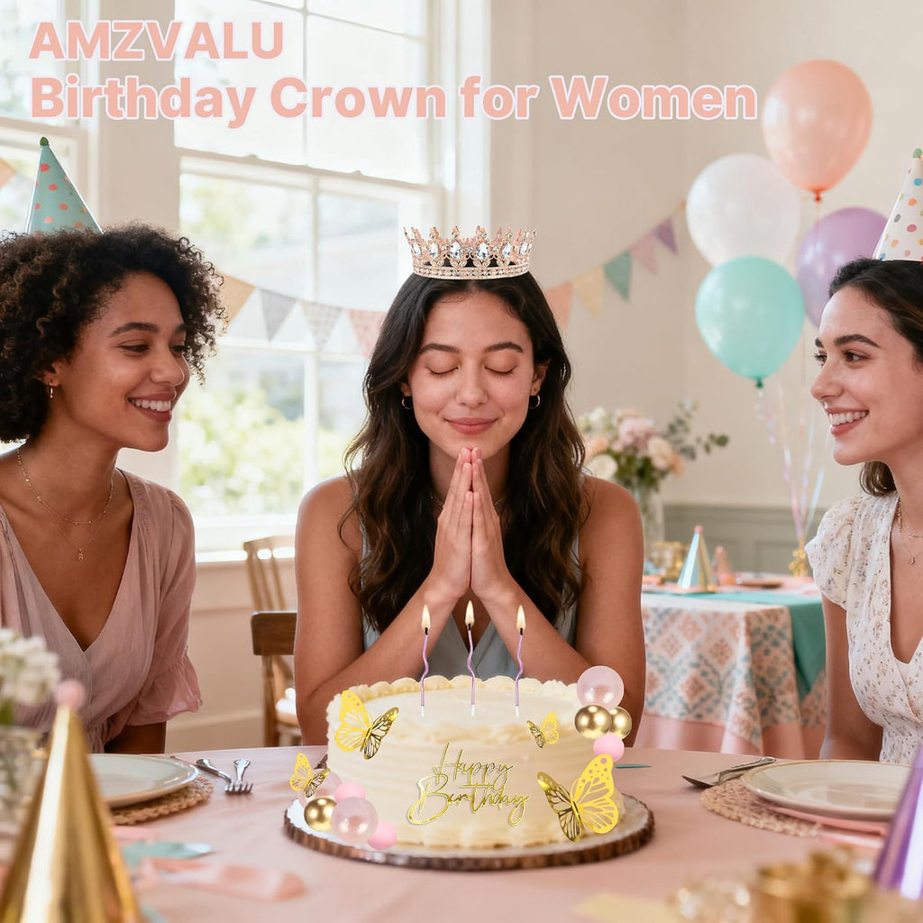 Crown Cake Topper, Corona Para Pastel, Crown Happy Birthday Cake Toppers Balls Candles Butterflies, Birthday Crown for Women Queen Princess Party Wedding Cake Decor (Rose Gold, White)