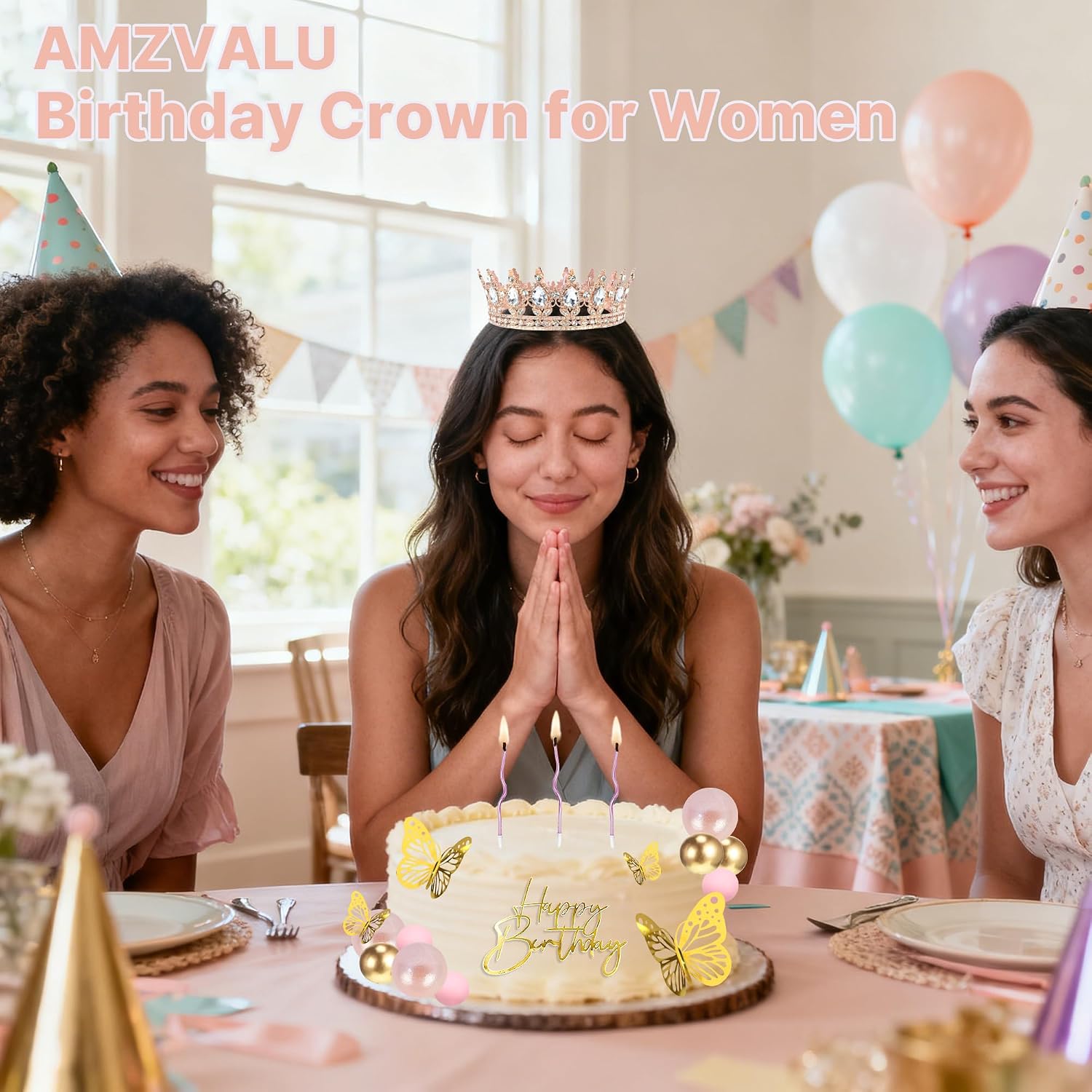 Crown Cake Topper, Corona Para Pastel, Crown Happy Birthday Cake Toppers Balls Candles Butterflies, Birthday Crown for Women Queen Princess Party Wedding Cake Decor (Rose Gold, White)