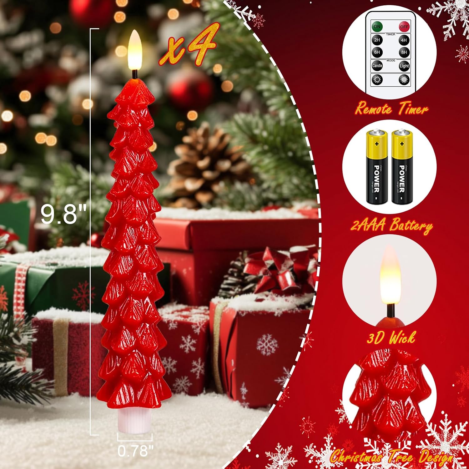 Christmas Tree Candles Battery Operated, Red Waxy Christmas Tree Flameless Taper Candles with Remote Timer, Set of 4 LED Flameless Candlesticks for Xmas Holiday Home Winter Decor(0.78”x9.8”)