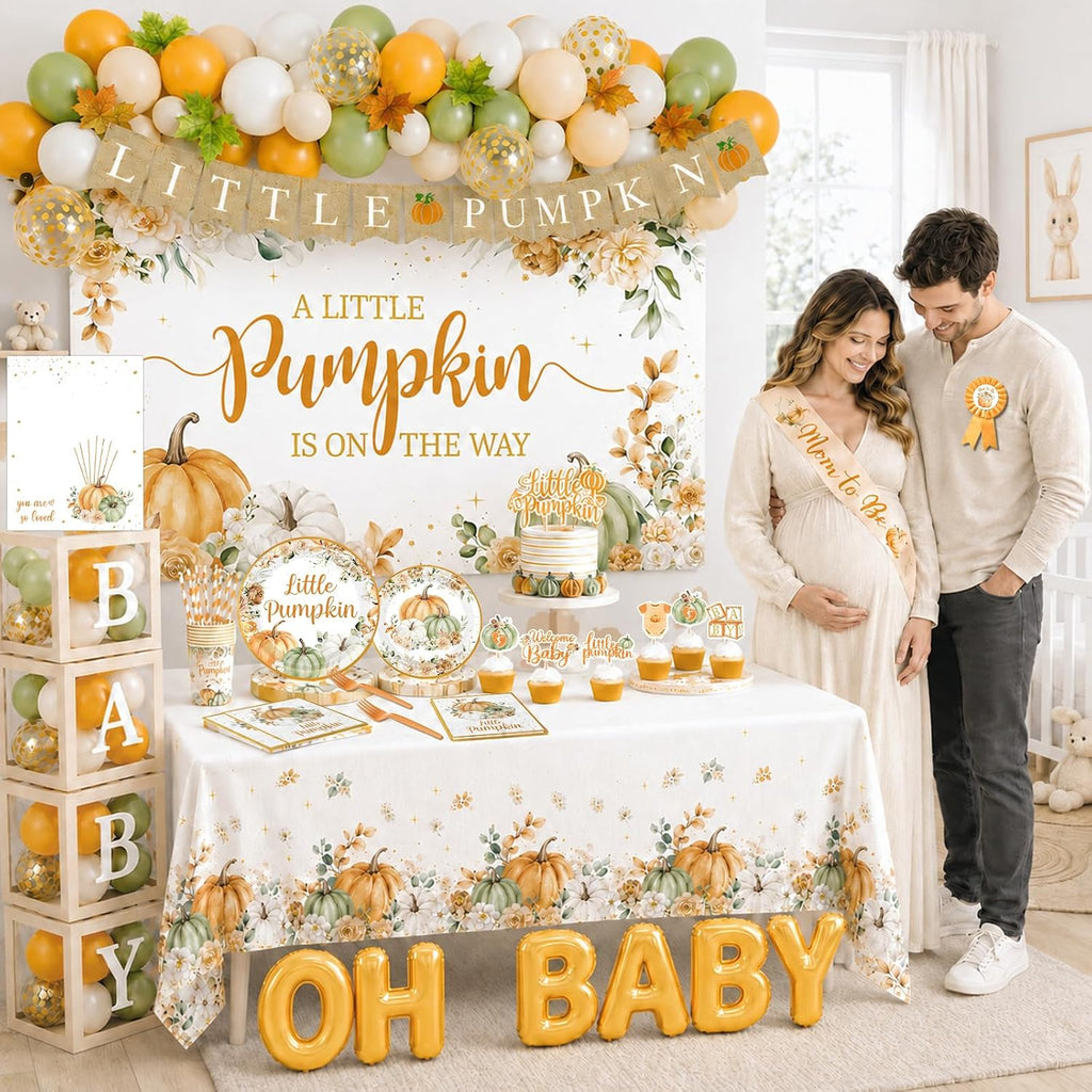 Little Pumpkin Baby Shower Decorations for Boy or Girl,275pcs Fall Baby Shower Plates and Napkins Cups Backdrop Tablecloth Topper Balloon for A Little Pumpkin Is On The Way Baby Shower Decorations