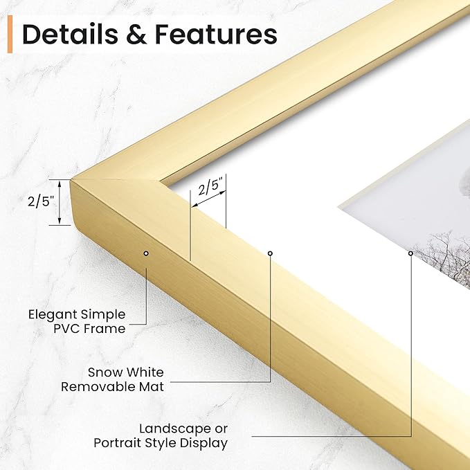 5x7 inch Picture Frame, 5x7 Photo Frames with 4x6 Removable Mat - High Definition Plexiglass - Vertical and Horizontal Display - Wall Hanging Frame - Gold, 5 Pack